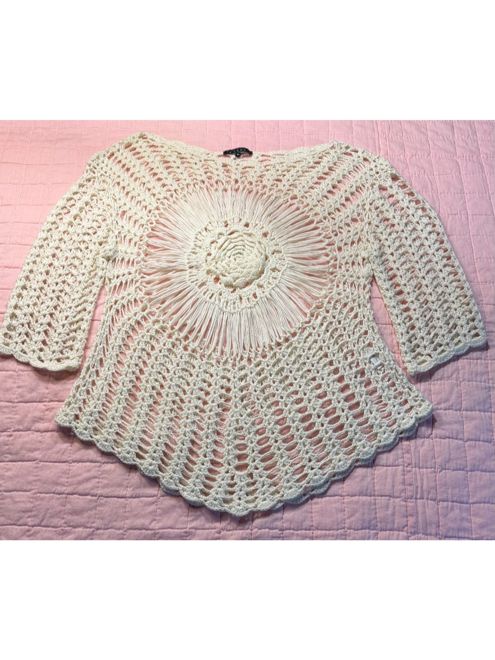 Boho Hippie Lagenlook Festival Funsport Ivory Crocheted Open Weave Sweater XL